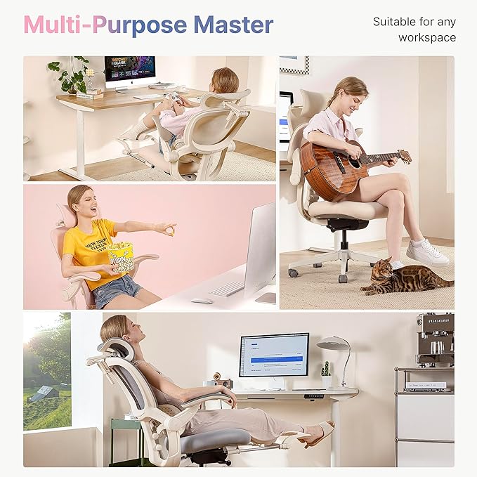 HINOMI Q2 Ergonomic Office Chair with Lumbar Support & Adjustable Headrest, Cushion Seat with Flip-Up Arms, Reclining Computer Seating with Footrest, Stylish Desk Model for Home (Cream White)