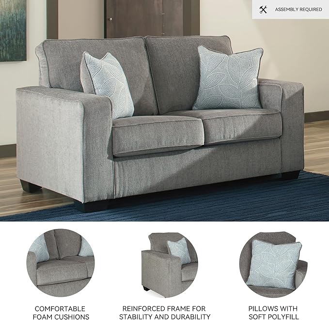 Signature Design by Ashley Altari Modern Loveseat with 2 Accent Pillows, Light Gray