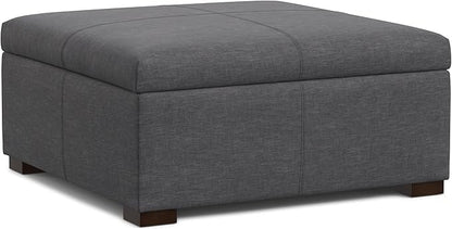 SIMPLIHOME Gabbie 36 inch Wide Contemporary Square Square Coffee Table Storage Ottoman in Slate Grey Polyester Linen, Assembled, for The Living Room, Entryway and Family Room