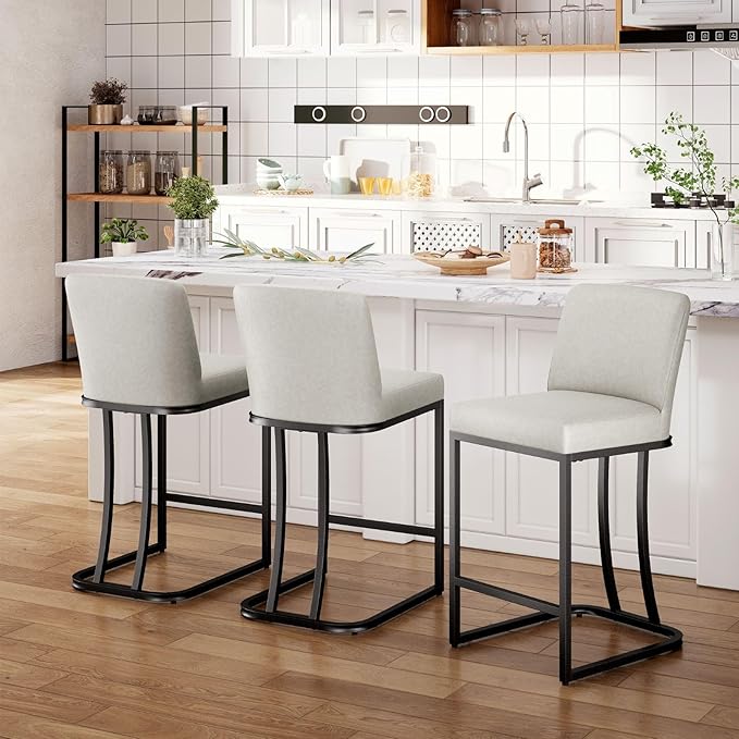 Sophia & William Light Grey Bar Stools Set of 3, Counter Height 24“ Bar Stools with Back for Kitchen Island, Modern Faux Leather Bar Chair