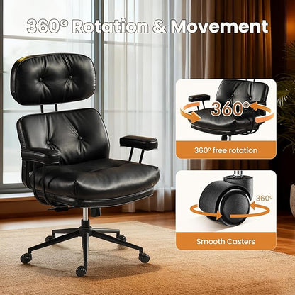 Home Office Desk Chair, Mid-Century Modern Office Chair with Adjustable Lumbar Support, Thickened Cushion Executive Desk Chair with 360 Rolling Swivel for Meeting Game Study Room(Black)