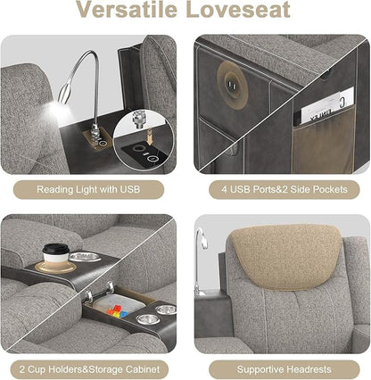 Living Room Furniture Set, Loveseat Recliner Sofa with Storage Console and 2 Oversize Recliner Chairs, Elegant Timeless Manual Reclining Couches for Living Room/RV (Grey, 2+1+1)