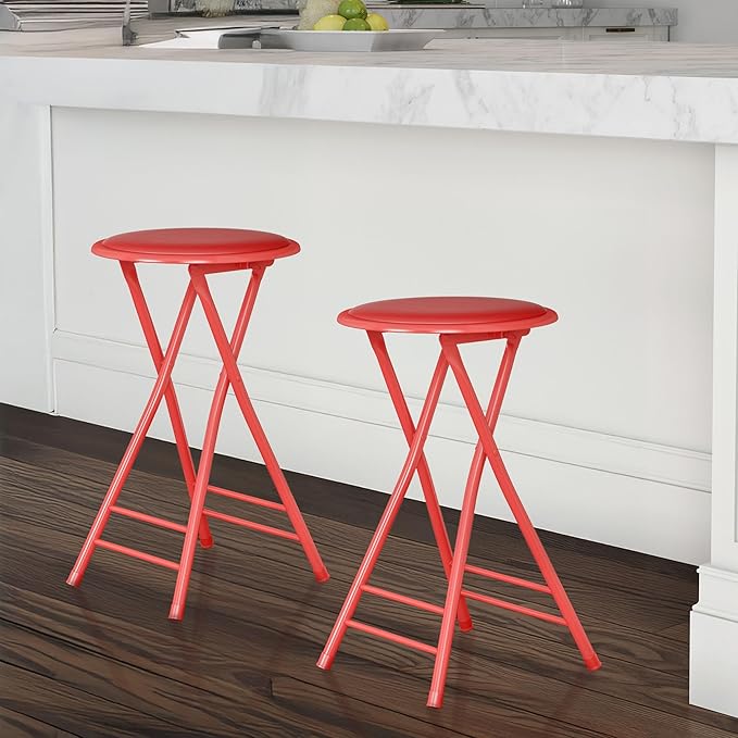 Lavish Home Folding Stool Set - Set of Two 24-Inch Padded Stools with 225lb Capacity for Kitchen, Dorm, or Rec Room - Portable Stools for Adults - Collapsible Sitting Stool Set for Seating (Red)