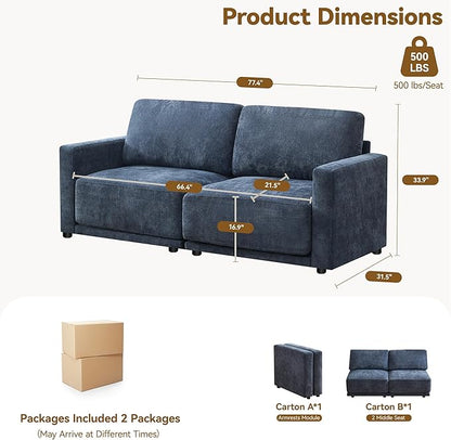 77.4" Chenille Modular Loveseat Oversized Upholstered 2 Seater Sectional Sofa with Thickened Cushions, Easy Assembly, Modern Comfy Love Seat Couch for Living Room, Blue