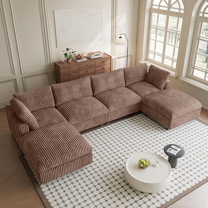 Modular Sectional Sofa, Convertible U Shaped Couch with Chaise Ottoman, Deep Seat Cloud Sectional Couch, 6 Seat Comfy Modular Sofa for Living Room, Office, Apartment, Brown