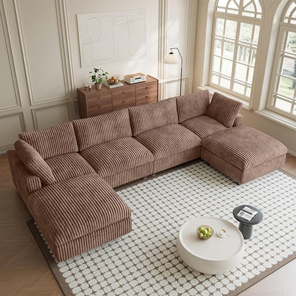 Modular Sectional Sofa, Convertible U Shaped Couch with Chaise Ottoman, Deep Seat Cloud Sectional Couch, 6 Seat Comfy Modular Sofa for Living Room, Office, Apartment, Brown