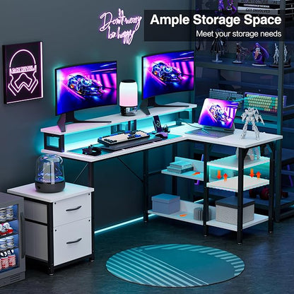 YOUNGAR Office Desk L Shape with File Drawers&Power Outlet, 69.3 Inch Reversible L Shaped Computer Desks,Corner L Shape or Long Desk Set up, Monitor Stand &Storage Shelves,LED Lights&CPU Stand,White