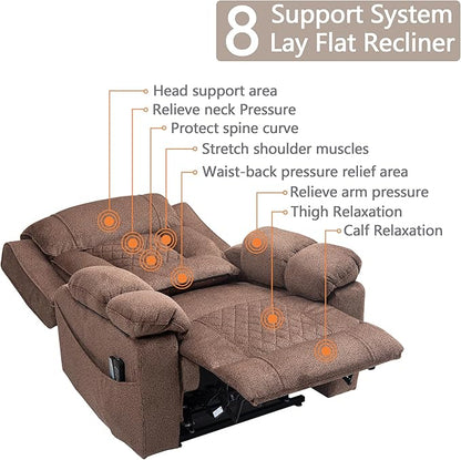 Big Man Power Lay Flat Lift Chair Oversized Recliner Dual Motor Heat Vibration for Elderly, Overstuffed Electric Extra Wide Recliners with Flip Arm Storage Cup Holders,USB Type C Charging