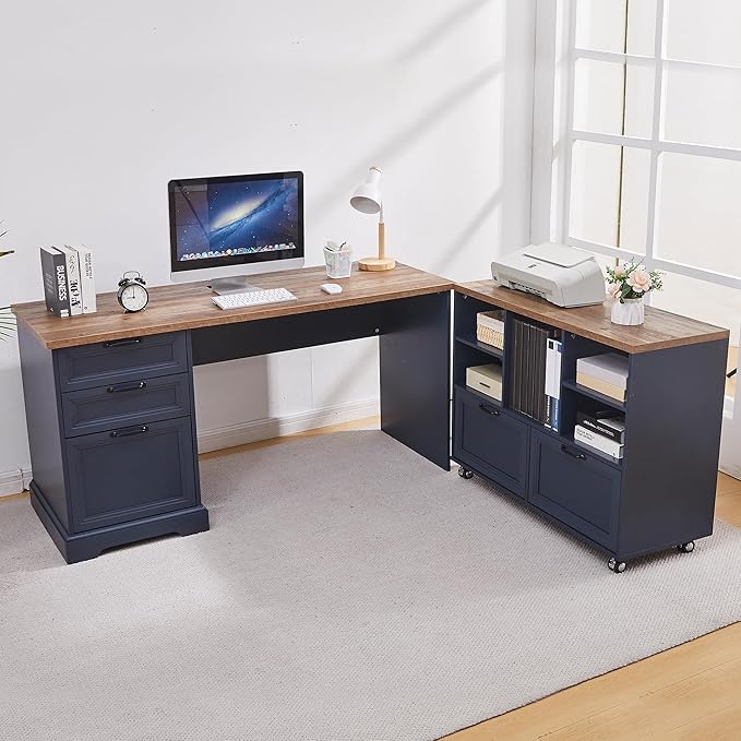 60" L-Shaped Executive Desk with 40" File Cabinet,Farmhouse Home Office Desk with Charging Station,Wood Computer Desk Set for Office Work,Home Study (Blue)