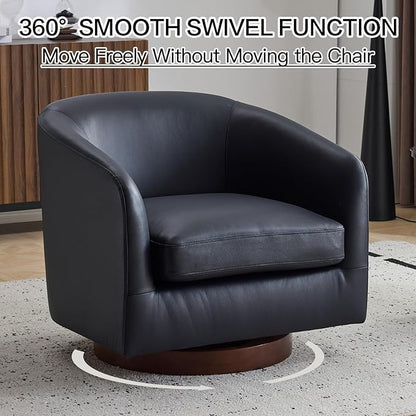 AEDI Genuine Leather Swivel Accent Chair with Solid Wood Base, Upholstered Barrel Armchair for Living Room, Modern Small Club Chair,Dark Blue