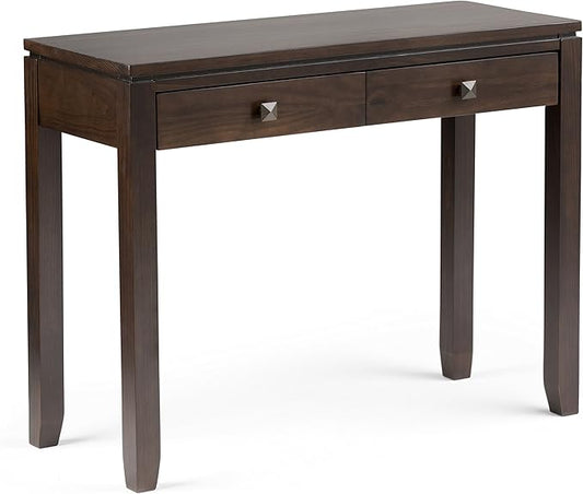 SIMPLIHOME Cosmopolitan Console Table - 38 Inch Wide Solid Wood Sofa Table in Mahogany Brown, Contemporary Compact Storage Table for Entryway or Living Room with 2 Drawers and Tapered Legs
