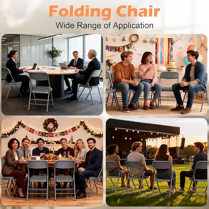 Commercial Grade Folding Chair with Padded Fabric Cushion（16"X16" |Double-hinged Legs Luxury Style|4.5kg Capacity Max Weight 150Kg for Home and Office,Indoor and Outdoor Events (2, Fabric-Grey)