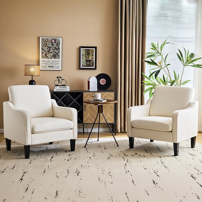 VINGLI Beige Accent Chairs for Living Room, Line Comfy Upholstered Chair Mid Century Modern Armchair for Bedroom, Home Office, Small Spaces, Apartment