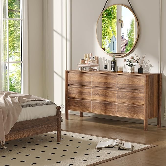 CHUWELL Dresser for Bedroom, 63" Wide Mid Century Modern Chest of Drawers with 9 Large Storage Space and 4 Solid Wood Cylindrical Legs, 9 Drawer Large Dresser for Bedroom(Walnut)