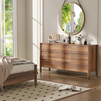 CHUWELL Dresser for Bedroom, 63" Wide Mid Century Modern Chest of Drawers with 9 Large Storage Space and 4 Solid Wood Cylindrical Legs, 9 Drawer Large Dresser for Bedroom(Walnut)