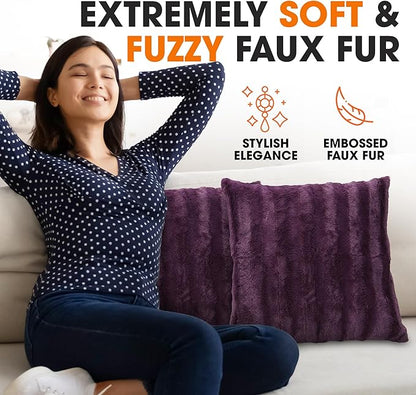 Cheer Collection Faux Fur Throw Pillows - Decorative Pillows for Couch, Bed Throw Pillows, Purple Accent Pillows for Bedroom or Living Room Aesthetic, Set of 2 Furry Throw Pillows, 18”x18”