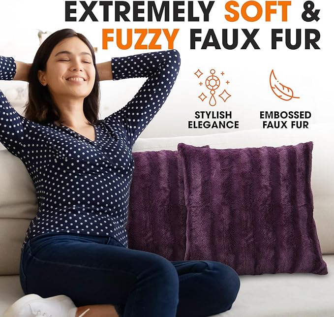 Cheer Collection Faux Fur Throw Pillows - Decorative Pillows for Couch, Bed Throw Pillows, Purple Accent Pillows for Bedroom or Living Room Aesthetic, Set of 2 Furry Throw Pillows, 26" x 26"