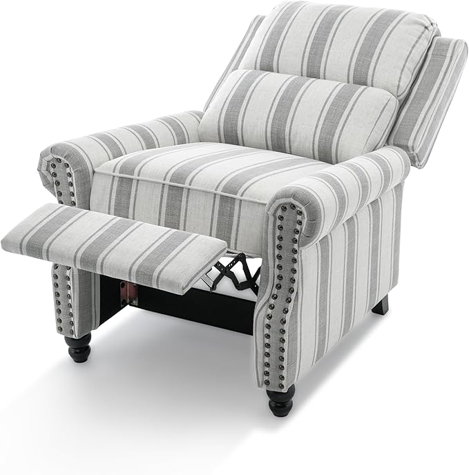 Pushback Recliner Chairs Set of 2, Comfy Fabric Wingback Recliner Chair, Upholstered Armchair Push Back Recliner with Wood Legs, Rivet Trim Accent Chair for Living Room, Bedroom, Gray Stripe