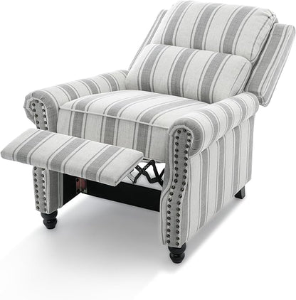 Pushback Recliner Chairs Set of 2, Comfy Fabric Wingback Recliner Chair, Upholstered Armchair Push Back Recliner with Wood Legs, Rivet Trim Accent Chair for Living Room, Bedroom, Gray Stripe