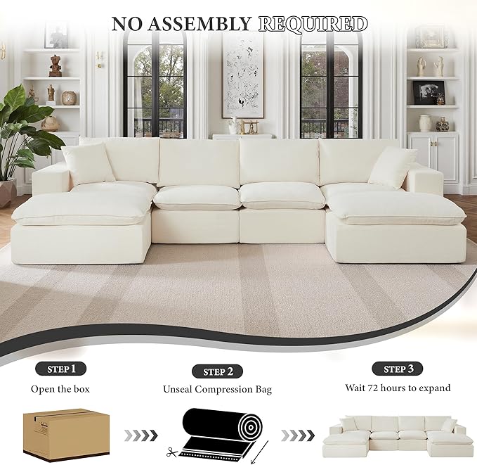 108" Sectional Couches for Living Room Boneless Couch Upholstered Cloud Couch Sectional Modular Sectional Sofa with L Shaped (Chenille-White, 4 Seat+2 Ottoman)