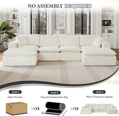 108" Sectional Couches for Living Room Boneless Couch Upholstered Cloud Couch Sectional Modular Sectional Sofa with L Shaped (Chenille-White, 4 Seat+2 Ottoman)