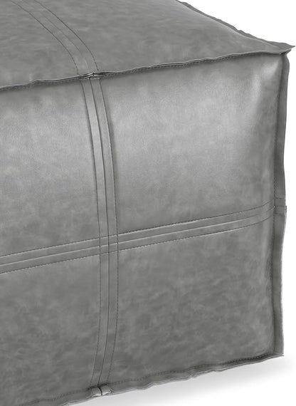 SIMPLIHOME Brody 18-inch Wide Square Pouf in Distressed Grey Vegan Faux Leather, Boho-Style Ottoman, Footstool or Extra Seating for Living Room, Assembled