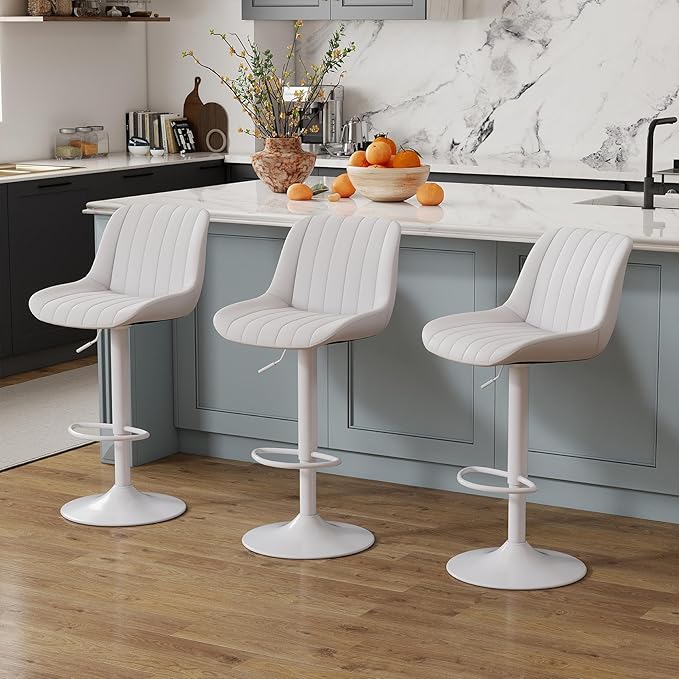Youhauchair Bar Stools Set of 2, Swivel Counter Height Barstools with Back, Adjustable PU Leather Bar Chairs, Modern Armless Kitchen Island Stool, White
