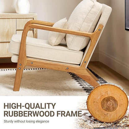 COLAMY Mid Century Modern Accent Chair Set of 2 with Lumbar Pillow, Relaxing Armchair with Solid Wood Frame & Soft Cushion, Reading Leisure Chair for Living Room（Beige）
