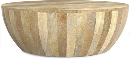 SIMPLIHOME Elmbrook Coffee Table - 34 inch Wide Solid Mango Wood Modern Industrial Round Drum Cocktail Table in Natural, Sculptural Living Room Table with Low Profile Design, Assembled
