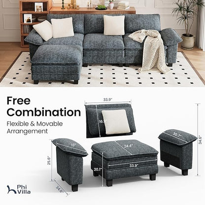 PHI VILLA Cloud Modular Couch Sets, 123.6" Sectional Sofa with L-Shaped Chaise, 4-Seater Upholstered Couches with Movable Ottoman for Living Room, Chenille Fabric, Dark Cyan