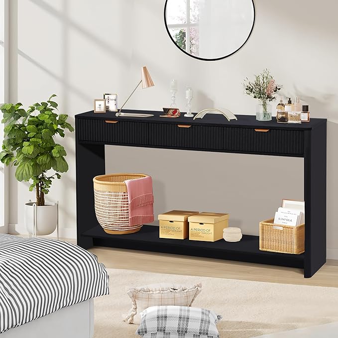 Entryway Table with Storage, Narrow Console Table with 3 Drawers, 55.12' Couch Table Behind Sofa Long for Living Room TV/Hallway Entrance Foyer, Mid Century Modern Black Fluted Console Table