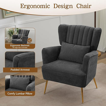 Living Room Chairs Chenille Accent Armchair with Lumbar Pillow&Gold Leg, 8.5" Thick Cushion, Mid Century Modern High Wingback Bedroom Chairs Upholstered Comfy Sofa Arm Chair, Grey