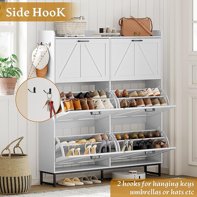 Shoe Cabinet Storage for Entryway, Shoe Storage Cabinet with 6 Flip Drawers, Freestanding Narrow Shoe Rack Organizer with Metal Legs, Adjustable Shelves & Open Storage for Foyer, Hallway, White
