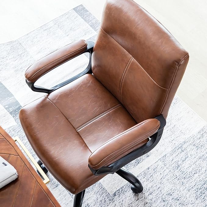 DYHOME Leather Office Chair Brown Desk Chair with Armrest, Ergonomic Computer Chair Mid Back, Mid Century Modern Home Office Desk Chair with 30° Tilting Backrest, Capacity 400lbs