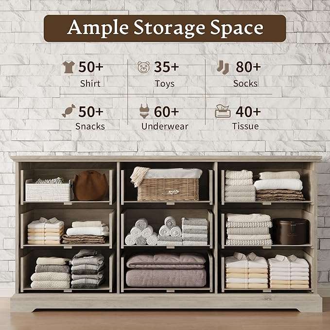 Farmhouse 9 Drawers Dresser for Bedroom, 63" Wide Modern Chest of Drawers with Deep Drawers & Bar Handles, Rustic Wood Dresser TV Stand, Wooden Closet Storage Organizer for Living Room, Hallway, Grey