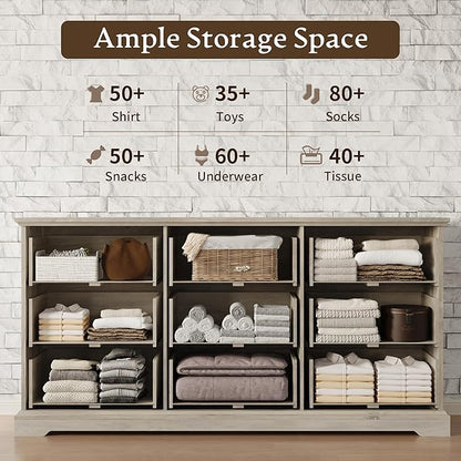 Farmhouse 9 Drawers Dresser for Bedroom, 63" Wide Modern Chest of Drawers with Deep Drawers & Bar Handles, Rustic Wood Dresser TV Stand, Wooden Closet Storage Organizer for Living Room, Hallway, Grey
