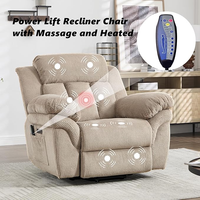 CANMOV Recliner Sofa Set, Oversize Power Lift Recliner Chair and Manual Loveseat with Overstuffed Armrest for Living Room,Bedroom Furniture,Office,1+3 Seat Light Brown