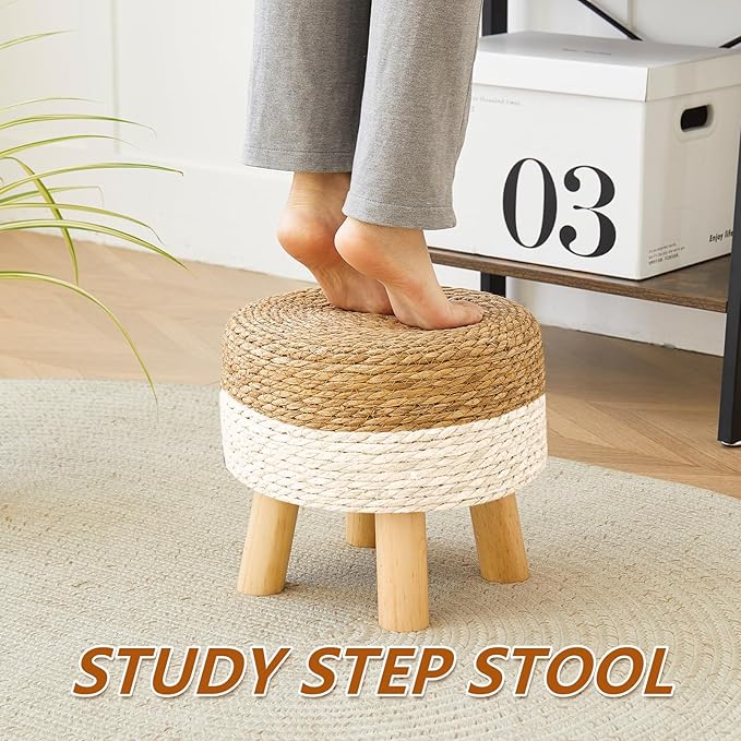 Round Ottoman, Natural Seagrass Footstool with 4 Wood Legs, Multifunctional Modern Dressing Stool and Sofa Side Table for Bedroom (White)