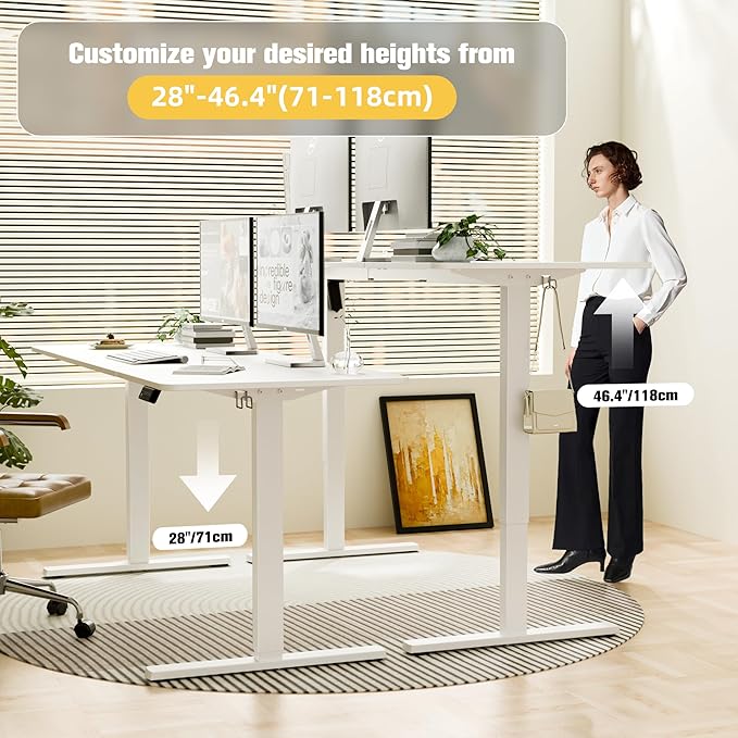 ERGOMAKER Electric Standing Desk, 67" x 23.6" Height Adjustable Sit Stand Desk with Splice Board for Home Office, Computer Table Memory Preset (White Frame, White Desktop)