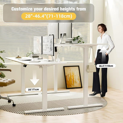 ERGOMAKER Electric Standing Desk, 67" x 23.6" Height Adjustable Sit Stand Desk with Splice Board for Home Office, Computer Table Memory Preset (White Frame, White Desktop)