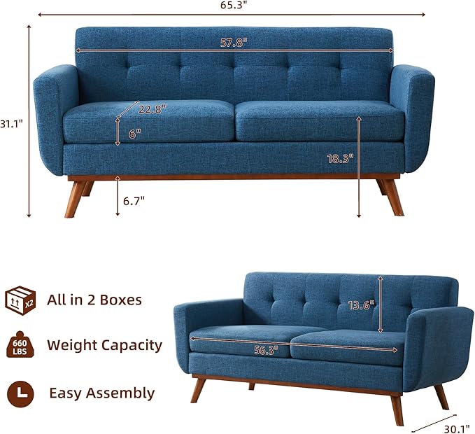 Tbfit Loveseat Sofa, 65" W Mid Century Modern Love Seat Small Loveseat for Bedroom, Button Tufted Upholstered Small Couch Sofa for Living Room, Blue