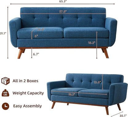 Tbfit Loveseat Sofa, 65" W Mid Century Modern Love Seat Small Loveseat for Bedroom, Button Tufted Upholstered Small Couch Sofa for Living Room, Blue