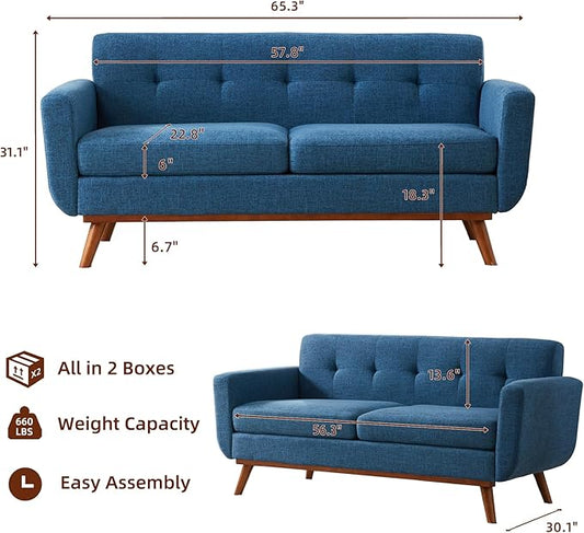 Tbfit Loveseat Sofa, 65" W Mid Century Modern Love Seat Small Loveseat for Bedroom, Button Tufted Upholstered Small Couch Sofa for Living Room, Blue