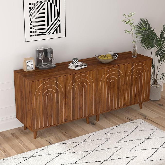 Accent Cabinet with Carving Lines, Modern Buffet Sideboard with Adjustable Shelves, Decorative Storage Cabinets for Bedroom Living Room Kitchen Office and Hallway (Walnut, 1)