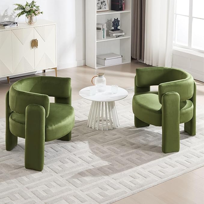 Velvet Accent Chair with Arms, Upholstered Barrel Armchair with Curved Back, Comfy Single Side Chair for Reading, Living Room, Home Office, Green