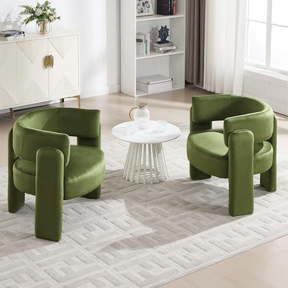 Velvet Accent Chair with Arms, Upholstered Barrel Armchair with Curved Back, Comfy Single Side Chair for Reading, Living Room, Home Office, Green