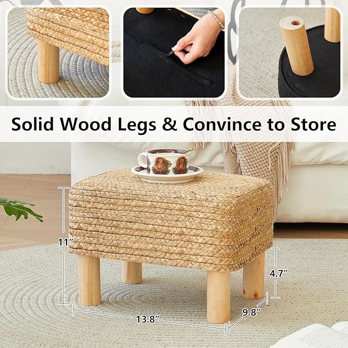 Ottoman Foot Stool Rectangular Footrest Natural Seagrass Footstool with Wooden Legs Hand Weave Multifunctional Modern Dressing Stool, Sofa Side Table for Bedroom for Living Room (Nature)