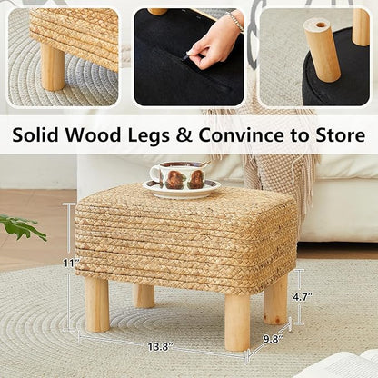Ottoman Foot Stool Rectangular Footrest Natural Seagrass Footstool with Wooden Legs Hand Weave Multifunctional Modern Dressing Stool, Sofa Side Table for Bedroom for Living Room (Nature)