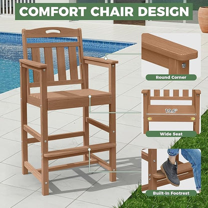 HDPE Outdoor Patio Tall Adirondack Bar Chairs Set of 2, All-Weather Bar Height Balcony Adirondack Stools for Bistro, Garden, Backyard, Pool, Deck | Teak