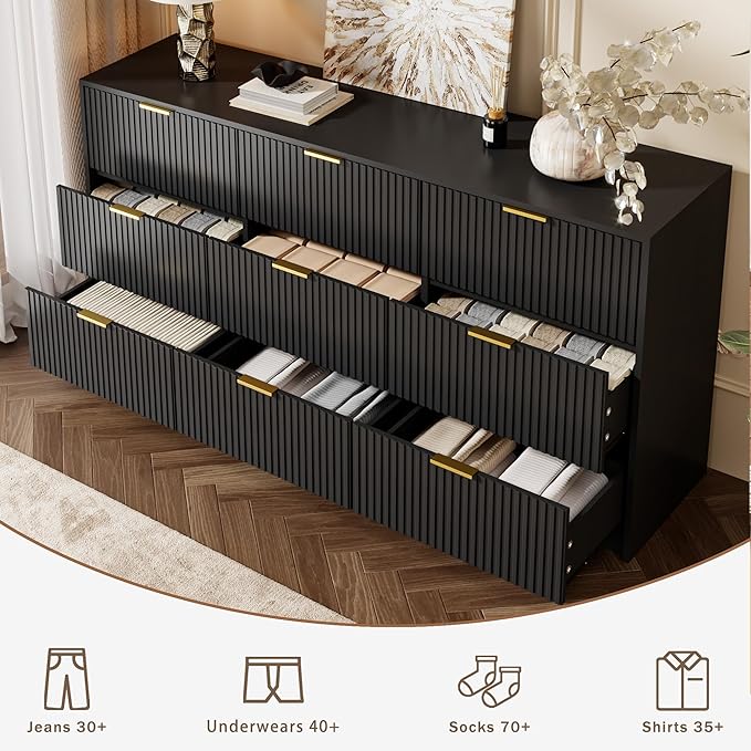 Black 9 Drawer Dresser for Bedroom, Modern Fluted Dresser with Gold Metal Handles, Wide Chest of Drawers for Bedroom, Living Room, Entryway, Hallway, 63" L x 15.7" D x 31.4" H